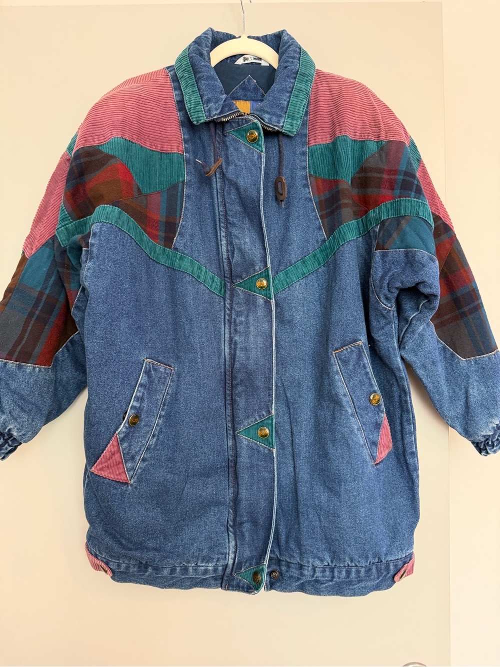 Vintage 90s Denim Colorblock Jacket with Plaid & Corduroy Accents